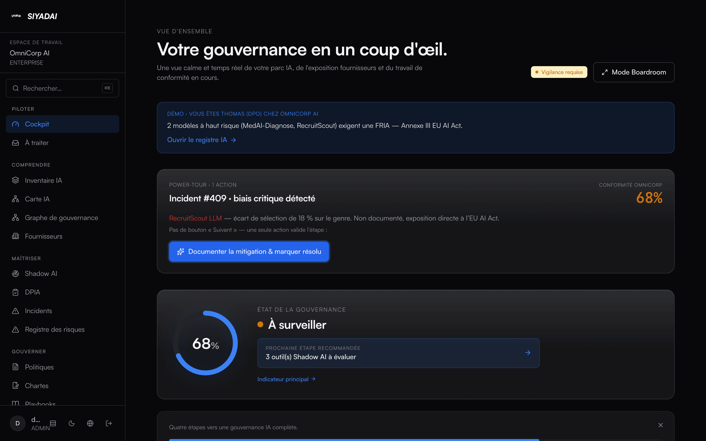 Cockpit SiyadAI : score de gouvernance à 68 %, incident de biais détecté sur un modèle de recrutement, prochaine action recommandée